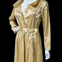 FLOBERT 1940s vintage dressing gown, shiny gold metallic damask button front housecoat hostess dress, 36 bust