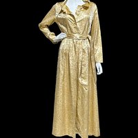 FLOBERT 1940s vintage dressing gown, shiny gold metallic damask button front housecoat hostess dress, 36 bust