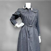 BIBERMAN'S MADE Antique Chore Work Dress, 1800s Black and White dot cotton Prairie day dress, 36 bust