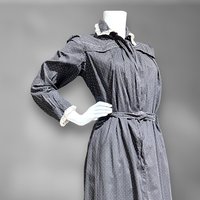 BIBERMAN'S MADE Antique Chore Work Dress, 1800s Black and White dot cotton Prairie day dress, 36 bust