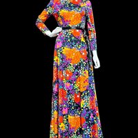 MARVELLA SCREEN PRINT 1970s vintage maxi dress, Bold floral psychedelic flower power jersey knit gown