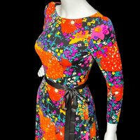 MARVELLA SCREEN PRINT 1970s vintage maxi dress, Bold floral psychedelic flower power jersey knit gown