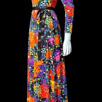 MARVELLA SCREEN PRINT 1970s vintage maxi dress, Bold floral psychedelic flower power jersey knit gown