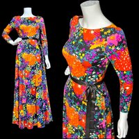 MARVELLA SCREEN PRINT 1970s vintage maxi dress, Bold floral psychedelic flower power jersey knit gown