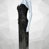 TADASHI 1980s vintage evening gown, prom party dress, all over black sequin, strapless ruched bodice