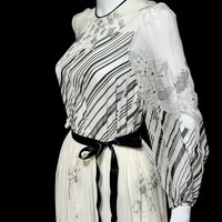 MOLLIE PARNIS by Morty Sussman, 1970s vintage evening dress, chiffon black and white floral poly chiffon gown