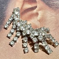 1950s vintage earrings, climber rhinestone clip earrings, clip-on prong set wedding bridal earrings, fringe dangles sparkle and bling