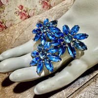 1950s vintage flower brooch pin, blue rhinestone jelly belly large flower trio for lapel hat or scarf