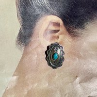 Navajo sterling silver and turquoise vintage earrings, Concho style southwestern native American clip on earrings, artist unknown