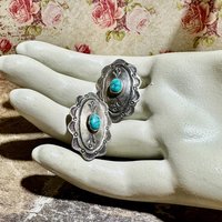 Navajo sterling silver and turquoise vintage earrings, Concho style southwestern native American clip on earrings, artist unknown