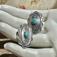 Navajo sterling silver and turquoise vintage earrings, Concho style southwestern native American clip on earrings, artist unknown