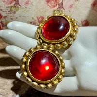 EMANUEL UNGARO vintage 1980s clip earrings, runway statement earrings, shiny red gold glam dynasty