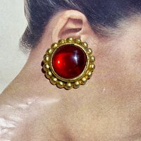 EMANUEL UNGARO vintage 1980s clip earrings, runway statement earrings, shiny red gold glam dynasty