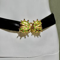 MIMI Di N vintage 1970s signed belt buckle, shiny gold and green enamel, kissing ladybugs dated 1972