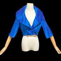 1950s vintage evening jacket, Custom Made cropped bolero shrug dinner coat, Royal Blue silk, Portrait Collar, 36 bust