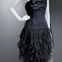 AJ BARI for SAKS 1980s vintage prom dress, Black strapless cocktail dress, dropped waist tiered ruffles evening dress, 33 bust