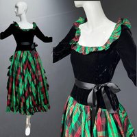 ALBERT CAPRARO 1970s vintage evening dress, Velvet and taffeta Christmas holiday dress