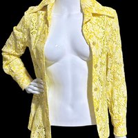 The Roadrunner, vintage 1970s shirt, Yellow lace top shirt blouse