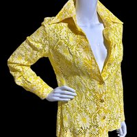 The Roadrunner, vintage 1970s shirt, Yellow lace top shirt blouse