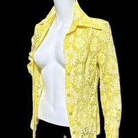 The Roadrunner, vintage 1970s shirt, Yellow lace top shirt blouse