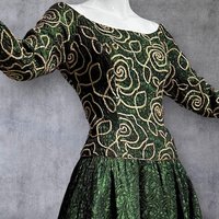 TERENCE NOLDER 1980s vintage evening dress ball gown, Deep green and gold