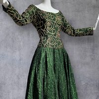 TERENCE NOLDER 1980s vintage ball gown, London Deep green and gold long sleeve ball gown, 40 bust