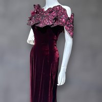 EUGENE ALEXANDER 1980s vintage evening gown, burgundy velvet sheath with HUGE Sequin Flowers