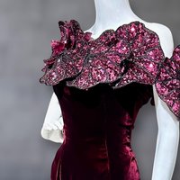 EUGENE ALEXANDER 1980s vintage evening gown, burgundy velvet sheath with HUGE Sequin Flowers