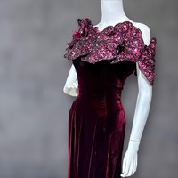 EUGENE ALEXANDER 1980s vintage evening gown, burgundy velvet sheath with HUGE Sequin Flowers