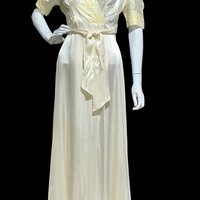 1940s vintage dressing gown, shiny silky white satin and yellow embroidery peignoir housecoat