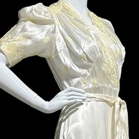 1940s vintage dressing gown, shiny silky white satin and yellow embroidery peignoir housecoat