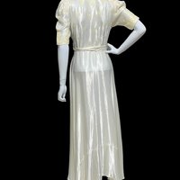 1940s vintage dressing gown, shiny silky white satin and yellow embroidery peignoir housecoat