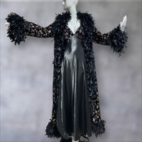 FREDERICK'S of HOLLYWOOD vintage Peignoir nightgown robe set, Black velvet gold roses and FEATHERS