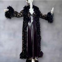 FREDERICK'S of HOLLYWOOD vintage Peignoir nightgown robe set, Black velvet gold roses and FEATHERS