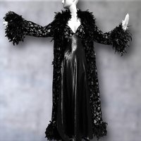 FREDERICK'S of HOLLYWOOD vintage Peignoir nightgown robe set, Black velvet gold roses and FEATHERS