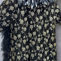 FREDERICK'S of HOLLYWOOD vintage Peignoir nightgown robe set, Black velvet gold roses and FEATHERS