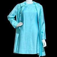 HELEN WHITING vintage 1960s dress set, cocktail dress and coat set, Robin's egg blue Dress and Coat Ensemble, evening suit, 34 bust