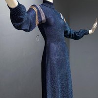 WENJILLI vintage 1970s lurex maxi dress, Navy Blue Metallic lurex Knit Maxi Dress