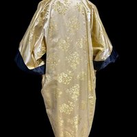 HAYASHI Kimono dressing gown robe, vintage Reversible Gold Black Shiny Silk Satin 