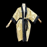 HAYASHI Kimono dressing gown robe, vintage Reversible Gold Black Shiny Silk Satin Japanese evening coat robe, one size