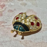 ROMAN signed Lady Bug Pin Brooch, vintage 1980s enamel rhinestone brooch, gold red green figural bug pin