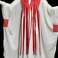 1970s Vintage caftan dress, Sheer breezy white gauzy fabric with streaming red ribbons