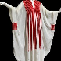 1970s Vintage caftan dress, Sheer breezy white gauzy fabric with streaming red ribbons