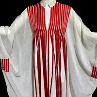 1970s Vintage caftan dress, Sheer breezy white gauzy fabric with streaming red ribbons