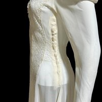 1940s vintage wedding dress, sheer white long sleeve sheath slip gown with train