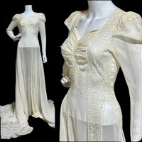 1940s vintage wedding dress, sheer white long sleeve sheath slip gown with train