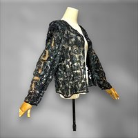 1980s vintage evening jacket, sheer black sequin cocktail party coat, long sleeves hook front, Dynasty Glam, 40 bust