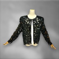 1980s vintage evening jacket, sheer black sequin cocktail party coat, long sleeves hook front, Dynasty Glam, 40 bust