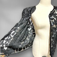 1980s vintage evening jacket, sheer black sequin cocktail party coat, long sleeves hook front, Dynasty Glam, 40 bust