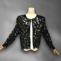 1980s vintage evening jacket, sheer black sequin cocktail party coat, long sleeves hook front, Dynasty Glam, 40 bust